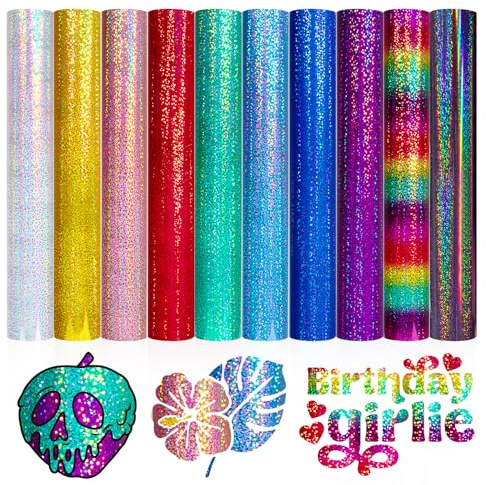 VINYL FROG Glitter Permanent Vinyl Bundle 10 Pack Holographic Adhesive Vinyl Sheets 12 x 12 Shimmer Vinyl for DIY Deco Sticker Projects