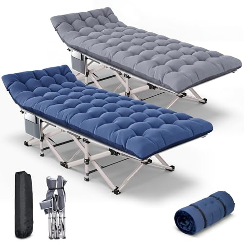 Asdsed Lot de 2 lits de camp pliants avec matelas - Lit de camping à 7 zones - 200 kg - XXL - Coussin réversible 2 en 1 - Pour été et hiver - Pour extérieur, intérieur, jardin et tente - Bleu + gris