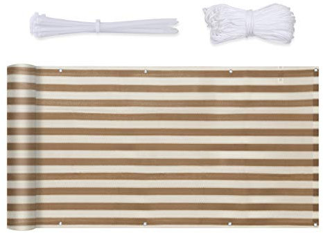 Sekey Balkon Sichtschutz Balkonabdeckung HDPE 220 g/m², 120x500cm, Leicht Transparent Wind- und UV-Schutz Wetterfest, mit Ösen, Nylon Kabelbinder und Kordel, Braun-Gelb Gestreift