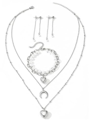 TTPSRY måne hjärta pärlor smycken set flera lager halsband armband örhängen rostfritt stål damer tillbehör smycken kollektion, 3ps, Rostfritt stål
