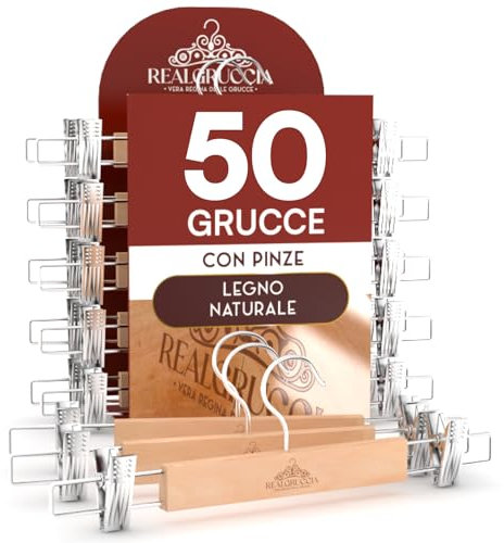 50 Grucce Appendiabiti con Pinze per Gonne Jeans Pantaloni in Legno Naturale 13x33cm - RealGruccia Gancio Girevole 360° in Metallo Resistente Clips Regolabili Salvaspazio e Robuste - Finitura Lucida