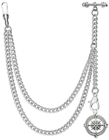 DerMacht Single Albert Pocket Watch Chain T-Bar with Compass Rudder Pendant Silver
