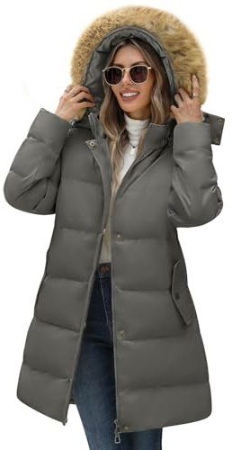 Yuson Girl Cappotto da Donna Invernale Lungo Elegante Giubbotto Imbottito Pesante Vento Piumino Giacca con Cappuccio in Pelliccia Staccabile Parka Casual Caldo Giaccone Outdoor(Grigio, XXL)