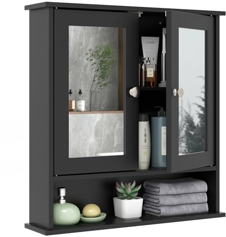 GIANTEX Hängeschrank mit Spiegel, Spiegelschrank Wandschrank mit 2 Türen, Badschrank Badezimmerschrank mit verstellbarem Einlegeboden, 3 Etagen, 56 x 13 x 58cm (Schwarz)
