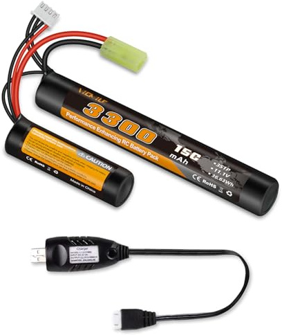 VICMILE 3300mAh Airsoft Battery 11.1V Nunchuck Battery with Mini Tamiya Plug 3S Rechargeable Stick Shape Butterfly Fit for aeG AK47 M4 MP5 and Most Airsoft Model Guns Rifles