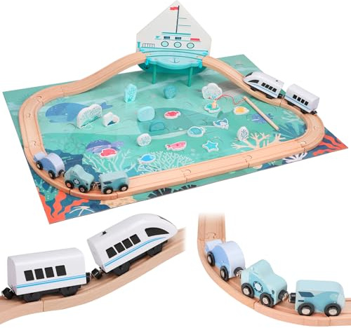 Wooden Train Set, 3 in1 Sea Electric Train Sets with Wooden Train Track, Magnetic Train, Ocean World Jigsaw Puzzle, Magnetic Fishing Game Toys for Kids Boys Ages 3+, Birthday Christmas New Year Gifts