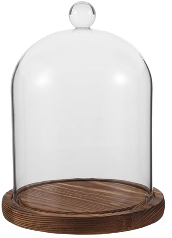 Cabilock Cúpula de campana de cristal: Estuche transparente decorativo para flores e inmortales - Base de madera de campana vacía para plantas, pasteles, centros de mesa, decoración de