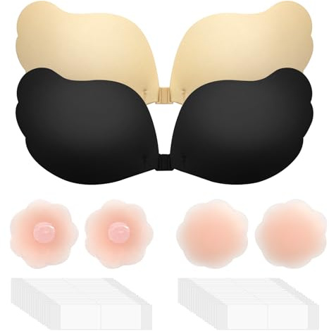 CATELL Soutien-Gorge Adhésif Push Up pour Les Robes de Soirée Réutilisable | 2 Pcs Soutien Gorge Adhésif Gorge Adhésifs Noir & Beige avec 4 Coussinets de Tétons & 36 Bandes de Corps pour Robes de Mariée