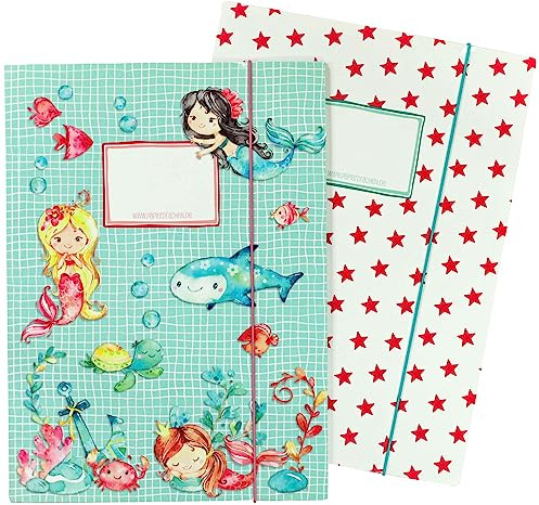 2 cartelle scolastiche di alta qualità per bambini DIN A4 | motivo sirena - cartella postale per studenti di scuola elementare - raccoglitore di quaderni - pinzatrice a sella - set numero 1