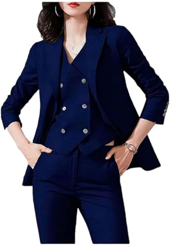 Conjunto de 3 piezas para mujer, traje de oficina, chaqueta, chaleco, pantalones, trajes de negocios, traje de fiesta de graduación, ropa casual, azul marino, L