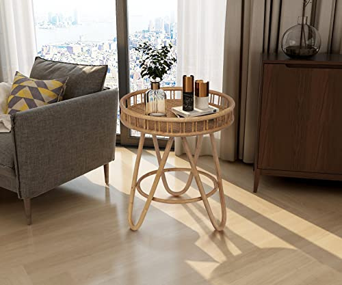 FINECASA Rattan Side Table with Wicker Tray Top 20x23'', Boho Hand-Woven End Table, Small Round End Table with Hairpin Legs, Coffee Table Set for Living Room, Bedroom (Handcraft)