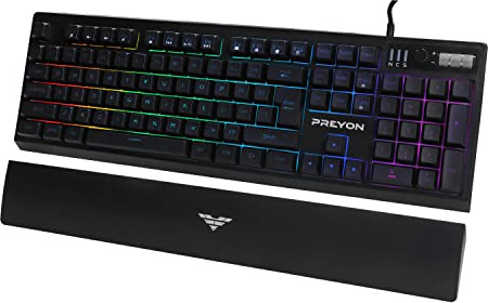 PREYON Long Claw Alpha Wired Gaming-Tangentbord med Flätad Kabel - Bakgrundsbelyst Membrantangentbord med Volymkontrollrulle & Magnetiskt Handledsstöd - Ytterligare Multimediatangenter