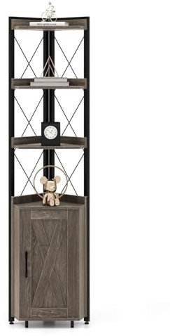 COSTWAY 6-Tier Industrial Corner Shelf, Tall Storage Bookshelf with Door Cabinet, Freestanding Bookcase Display Shelving Unit for Home Office (Grey, 32 x 32 x 180 cm)
