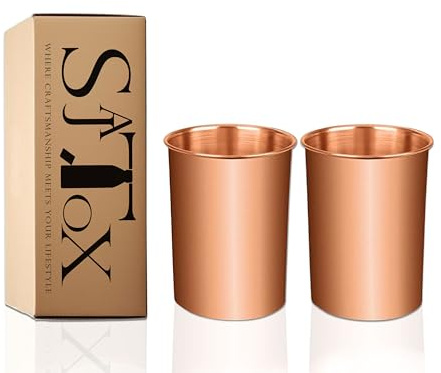 SAJTOX Vasos de cobre puro para beber, vasos de cobre puro para salud ayurvédica, juego de 2 piezas, 312 ml