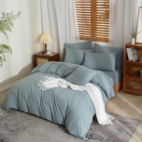 YASMENG Biancheria da letto 220 x 240 cm, in lino e cotone, morbida, traspirante, morbida, moderna, in lino, set da 3 pezzi, con chiusura lampo e 2 federe da 80 x 80 cm