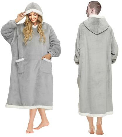 KunpengZen Hooded Blanket, Essential for keeping warm at home,Wearable Blanket with Sleeves and Pocket, Warm Fleece Blanket Hoodie as Gifts for Women Man Adults Teens (Grey, 120cm Long, One Size)