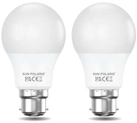 SUN POLARIS Bayonet Led Light Bulb – Daylight 6500k 60w Equivalent 8.5 watt Lightbulbs, 806 Lumen Non Dimmable Energy Saving BC B22 Fitting Lightbulb, Extra Natural White Standard GLS Bulbs Pack of 2