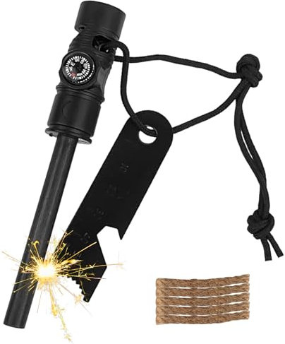 MOSTFUN Flint and Steel Fire Starter Kit, Magnesium Ferrocium Rod Fire Steel 5 in 1 Flint Striker Multi Tool with Compass Whistle Hemp Rope Scraper with Scale for Camping Hiking Outdoor
