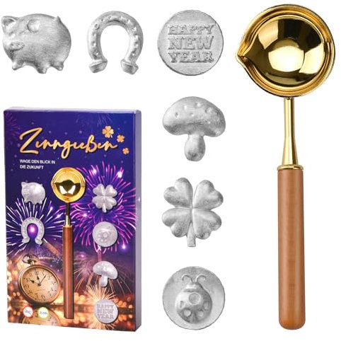 YAOZUP Zinngießen Silvestergießen, Premium Zinngießen mit 6 Zinnfiguren 1 Löffel Anleitung Orakelheft, Zinn Giessen Silvester, Zinn Set zu gießen für Silvester Wahrsagerei, Partyspiele Silvester