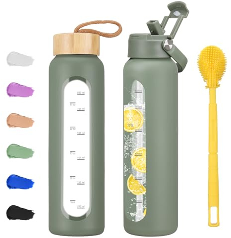Olivego 32 oz Glass Water Bottle with 2 Lids-Handle Straw Lid & Bamboo Lid,1 Liter Motivataional Tumbler Water Bottle Time Marker, Borosilicate Glass Water Bottles With Silicone Sleeve, Leakproof