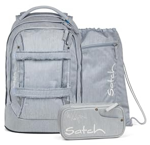 satch pack set Set zaino scolastico, 3 pezzi, ergonomico, 30 litri capacità, con astuccio e borsa sportiva Washed Blue - Blu