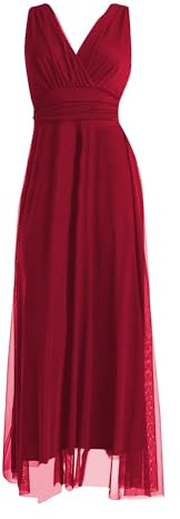 VALORIALUXE Abito Lungo da Cerimonia Donna in Tulle Elasticizzato con Scollo a V – Made in Italy (IT, Testo, L, Regular, Regular, Rosso Profondo)