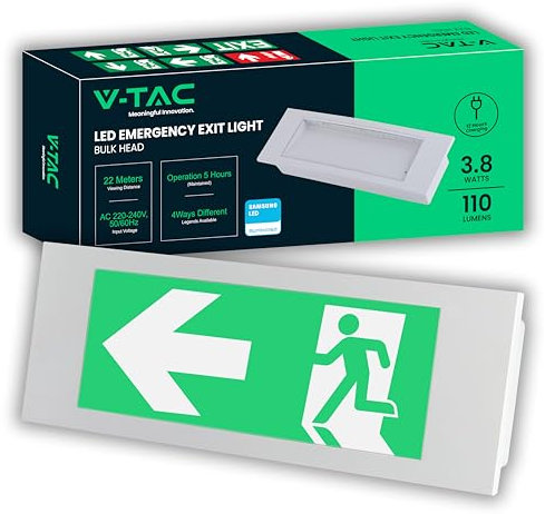 V-TAC Lampada LED d'Emergenza 3,8W - Plafoniera LED da Incasso per Sicurezza ed Emergenza con Batteria 25000 mAh - Montaggio Semplice a Parete - IP20 - Anti Blackout - Luce Fredda 6000K