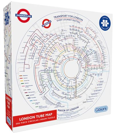 Gibsons TfL Runde U-Bahn-Karte, 500-teiliges rundes Puzzle für Erwachsene, Großbritannien, London, Verkehr, hergestellt in Großbritannien, nachhaltiges Premium, 100% recyceltes Brett, tolles Geschenk