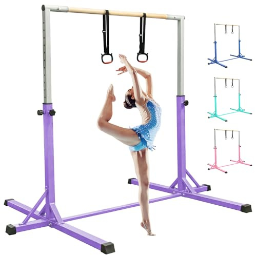 FBSPORT kids Gymnastics Bar Horizontal Bar with Gymnastic Rings,13 Height Adjustable Junior Training gym Bar Gymnastics Training Equipment for Indoor Outdoor