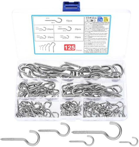 125 PzGanci a Vite per Legno, Ganci da Soffitto, Ganci Avvitabili in Metallo, Gancio a Tazza, Gancio a Vite da Soffitto per Piante, chiavi, tazze, mobili da cucina, luci interne ed esterne (5 misure)