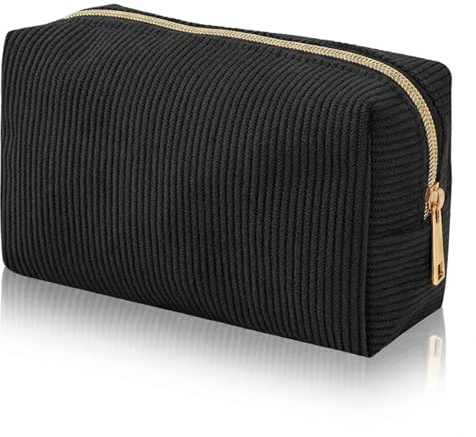 YONEEKSS Corduroy Makeup Bag Small Cosmetic Pouch for Handbag (Black) | Gold tone zip, lined interior, compact box shape, handbag storage, cosmetics, toiletries, travel, daily organisation