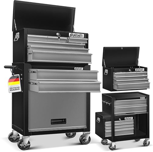 MASKO® Carrello da officina con valigetta – 9 scomparti chiudibili | metallo massiccio | Carrello portautensili portatile senza attrezzi | Professionale | Carrello per attrezzi con serratura | Nero