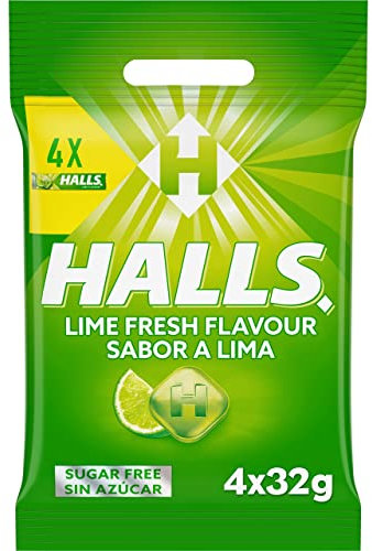 Halls Caramelos Sabor Lima, Sin Azúcar, Paquete de 4 x 32 g