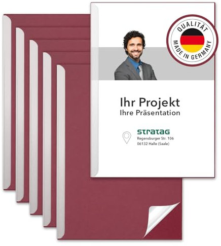 STRATAG Klemmschienen-Set (6 Stück) mit transparentem Deckel aus PP Kunststoff sowie Binderücken aus stabilem 375 g/m² Karton (Klemmmappe A4 Rot Bordeaux)