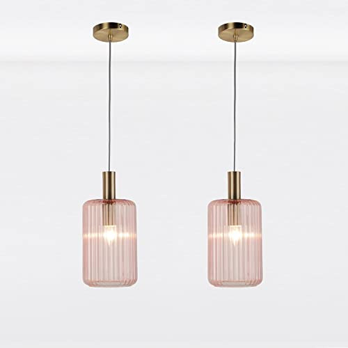 firstchoicelighting Set of 2 Blush Pink Glass Pendant Light Fittings, Gold Details, Kitchen Island Dining Ceiling Light, Height Adjustable 40cm - 100cm, LED Compatible