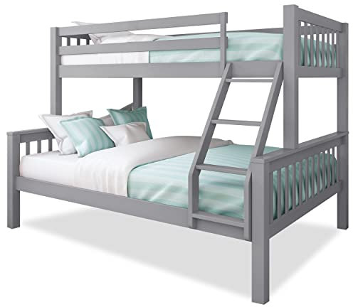 Triple Bunk Bed, 4ft6 Double & 3ft Single Wooden Bunk Beds with Ladder Triple Sleeper Kids Bunk Bed, Solid Pine Wood Frame Children Single Double Bed Frame, Grey L199cm x W143cm x H144