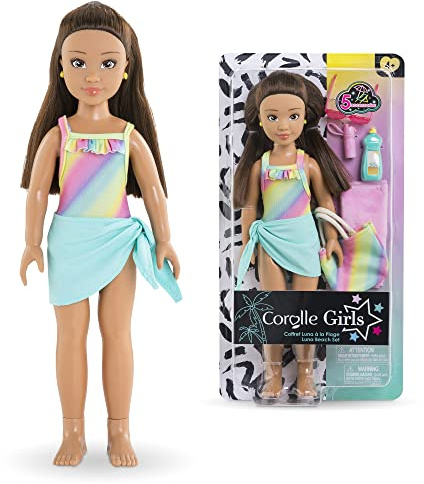 Corolle Luna 9000600130 Girls Luna Set, omklädningsdocka i söt strandoutfit och 5 delar, vaniljdoft, 28 cm, från 4 år, flerfärgad