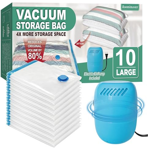 Vacuum Storage Bags with Electric Pump, Space Saver Vacuum Seal Bags with Pump, Sealer Compression for Clothes, Comforters, Blankets, Bedding, 10 Large