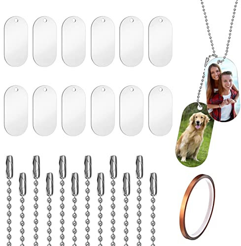 ANBOWEI 12 Stück Hundemarke Sublimation Rohlinge mit 12 Dog Tag Kugelkette und 1 Hitzebeständiges Klebeband, Doppelseitig Sublimation Militärische Stil Erkennungsmarke fur DIY(Weiß)
