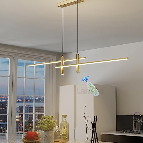 Lampada a Sospensione Sala Tavolo da Pranzo LED Lampadario Cucina a sospensione Moderna Dimmerabile Salotto Plafoniera Altezza Regolabile Camera da Letto Ufficio Soggiorno con Telecomando (L90cm, Oro)
