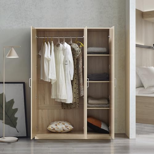 [en.casa] Armario Ropero Bodolz Guardaropa Armario de Almacenamiento con 3 Puertas 1 Perchero 4 Compartimentos MDF 176 x 120 x 52 cm - Efecto Roble Sonoma
