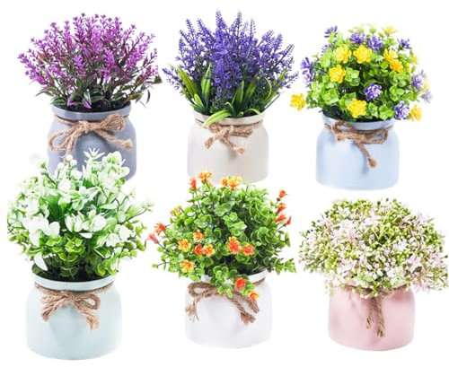 JETAINE Fake Potted Plants, 6pcs Artificial Flowers with vase Faux Plants Lavender in Macaron Pot Spring Decor Table Centerpiece Decorations for Indoor Outdoor Home Kitchen Office Desktop Wedding