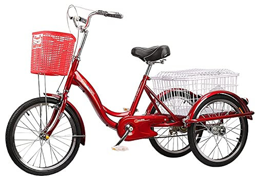 HMFMWYFI 3 Räder 20 Zoll Erwachsene Trike Fahrrad Dreirad für Erwachsene Cruise Trike Cargo Trike mit Einkaufskorb Pedalfahrrad für Outdoor-Sportarten Singlespeed Radfahren Treten (Rot)