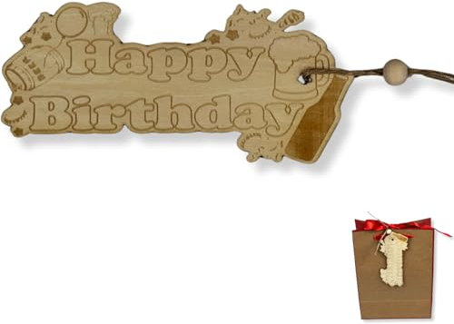 DIWULI Geschenkanhänger aus Holz Happy Birthday mit Bierkrug | Made in Germany | Geschenk-Deko mit Band | Geburtstag Party Mann Frau Geburtstagsdeko | Anhänger Geschenk Bier lustig verschönern basteln