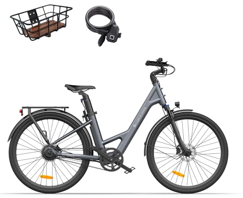ADO Air28Pro 28 Vélo électrique Urbain, Ebike Adulte, Moteur BAFANG, Entraînement par Courroie, Mode ECO et Mode Sport, LCD, APP, Batterie Amovible au Lithium 36 V 9,6 Ah, Autonomie de 100 km (Gris)