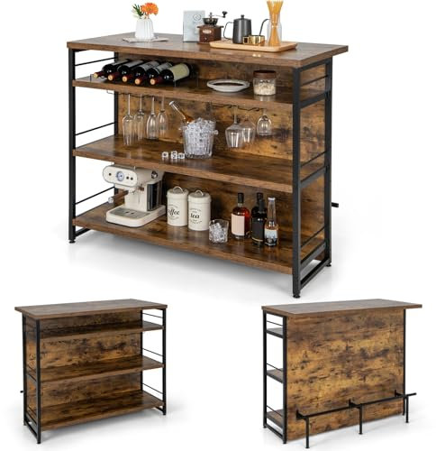 KOMFOTTEU 2 in 1 Bartisch mit stauraum, Barschrank Hausbar mit 4 Ebenen Weinregal & Glashalterung, Highboard Thekebar mit verstellbare Füße, 120 x 60 x 101 cm (Braun)