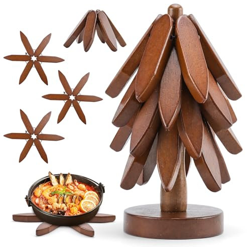 Qingning Sottopentola in Legno per Piatti Caldi, Set di 4 Sottopentole in Legno Pieghevole in Noce, a Forma di Albero, Set di 4 Supporti per Piatti Caldi, Pentole, Teiere, Ciotola, Fondue