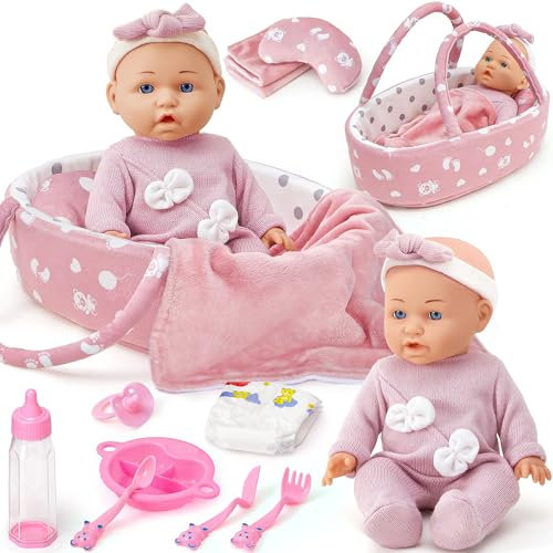 vamei Baby Doll Set, 12 Inches Baby Born Dolls for Girls, Baby Doll Accessories with Clothes Carrier Bassinet Bed Bottle Feeding Set, Pretend Play Toddler Toys Gift for 3 4 5 6 Years Old Girls