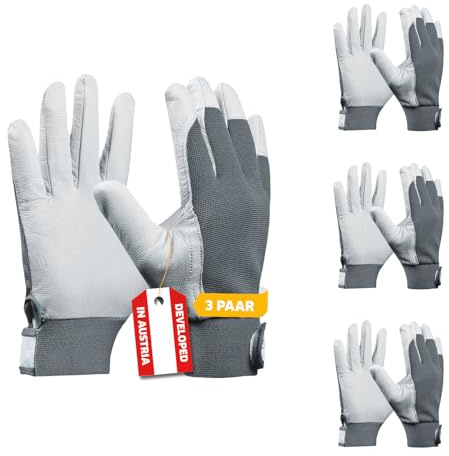 G4P Uni Fit Comfort - Arbeitshandschuhe aus Ziegenleder, 3 Paar Gartenhandschuhe mit Stretch-Spandex & Klettverschluss, Montage & Handwerk, Gr. XL (Gr. 10), Farbe: Weiß/Grau