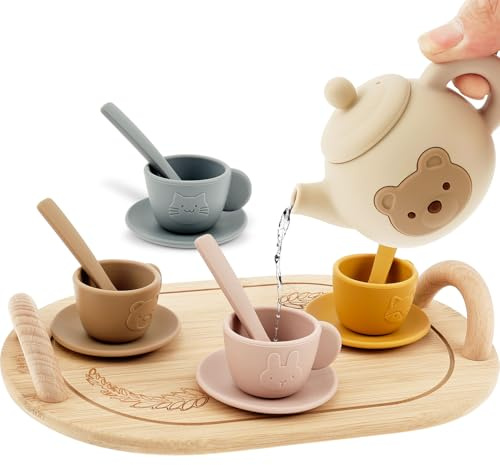 14Pcs Tea Set for Toddler, Silicone Afternoon Children Tea Party Set with Teapot, Cups, Mats, Spoons and Wooden Tray Kitchen Accessories Birthday Gifts for 3 4 5 Years Old Girls Kids Boy